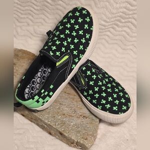 Lightly used Minecraft shoes, Size 2, green and black